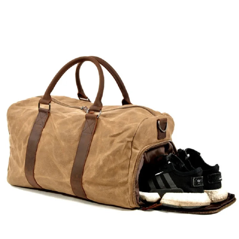 Waxed canvas bag with shoe compartment