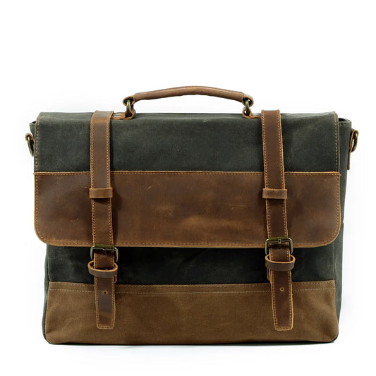 Oil wax canvas with leather briefcase green