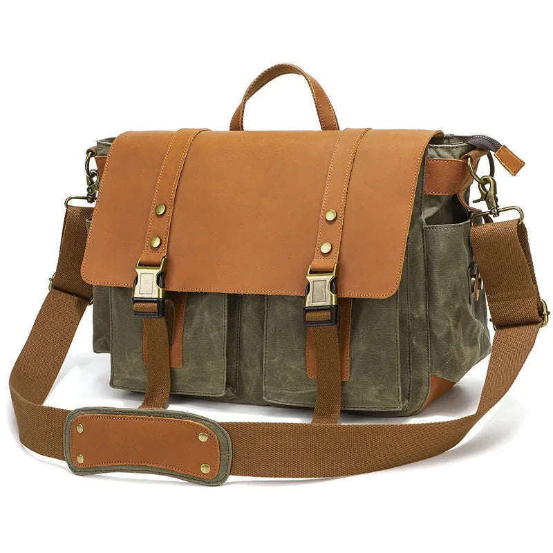 Waxed canvas and leather messenger bag army green