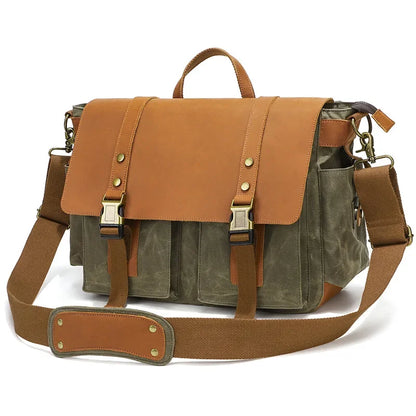 Waxed canvas and leather messenger bag army green