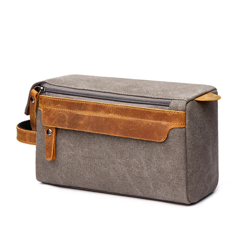 Waxed canvas and leather toiletry bag gray