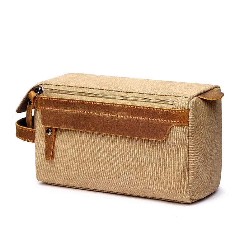 Waxed canvas and leather toiletry bag khaki