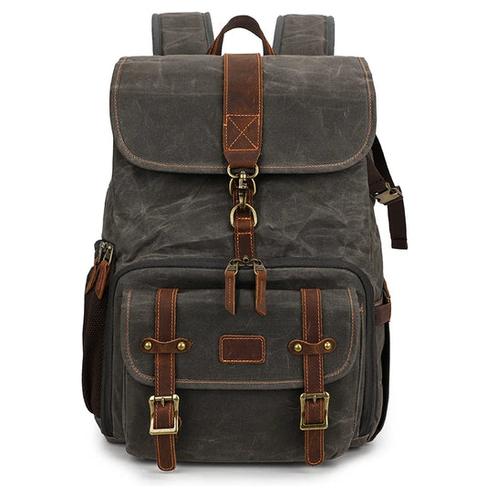 Waxed canvas camera backpack grey