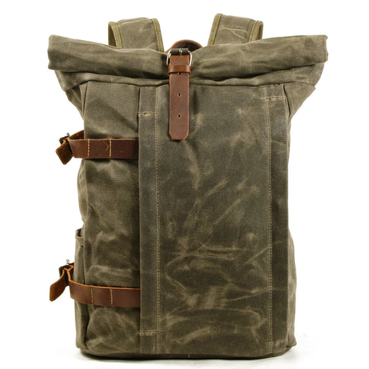 Waxed canvas motorcycle backpack army green